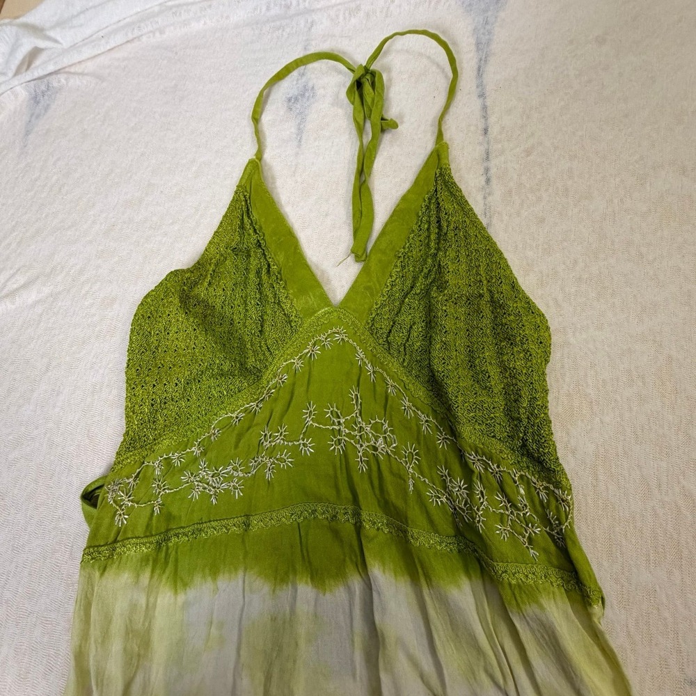 Advance Apparel Green Boho Halter Dress Tie Dye Embroidered Free Size - Picture 4 of 8